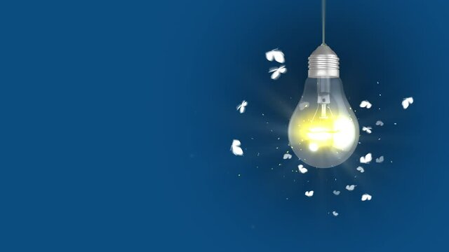 Luminous light bulb and butterflies flying towards the light on a blue background with space for text, headers or logos on a seamless loop.