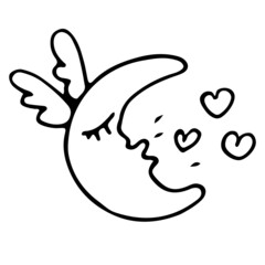 The winged moon kisses and hearts fly around. Vector sketch for Valentine's Day. Оutline doodle illustrates love, joy, fun. Stock illustration isolated on white background.