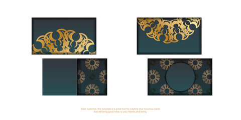 Fototapeta na wymiar Visiting business card with gradient green color with Indian gold ornaments for your contacts.