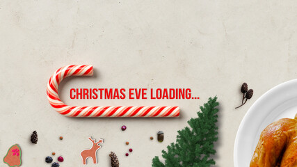 big candy cane surrounded by christmas decoration and the message CHRISTMAS EVE LOADING... on...