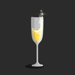 Glass of champagne. Hand drawn vector flat illustration. Bright, sparkling, festive, colorful design. Best for greetingcards, logo, web, posters, prints, stikers and branding design.