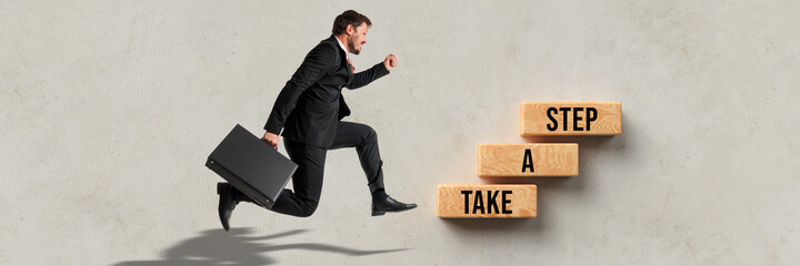 businessman and cubes with message TAKE A STEP on concrete background