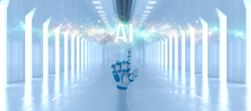robot hand touching a virtual interface with message AI in a futuristic hallway
