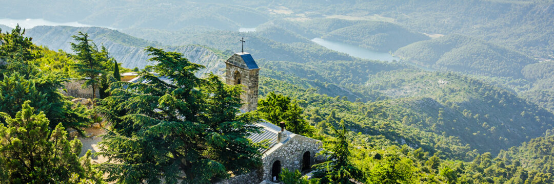 Bell tower of the Notre-Dame-de-Victoire chapel on the Montagne Sainte-Victoire mountain in Provence, France