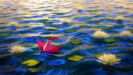 Pink paper boat floating in a colorful water between water lilies. 3d illustration 