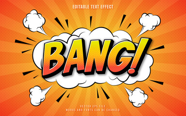 Bang comic text effect with explosion and burst background. Perfect for poster, book, banner or sticker.		