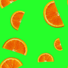 Half sliced orange seamless pattern. Orange slices on green background