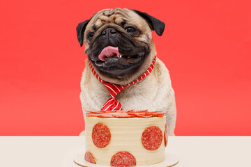 Portrait of cute puppy of the pug breed with birthday cake. Little smiling cheerful dog on red background. Free space for text.