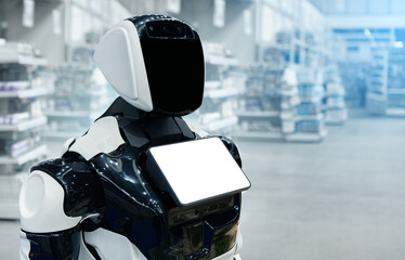 Robot with touchscreen on a background of store interior