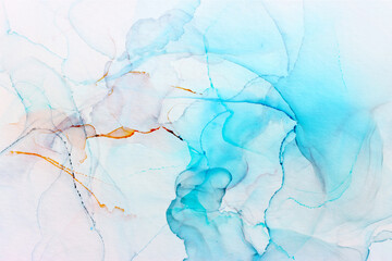 art photography of abstract fluid alcohol ink painting, blue, red and turquoise colors with paper texture