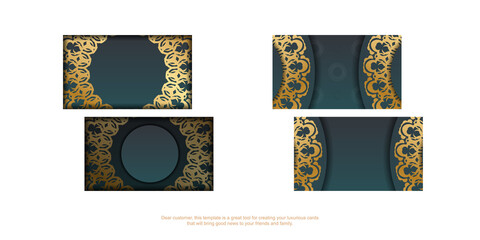 Gradient green business card template with vintage gold ornament for your contacts.