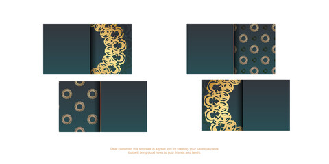 Gradient green business card template with vintage gold pattern for your contacts.