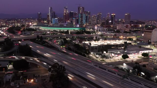 Aerial Hyperlapse of downtown Los Angeles At night, California, USA