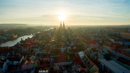 Drone shot over the old town of Regensburg