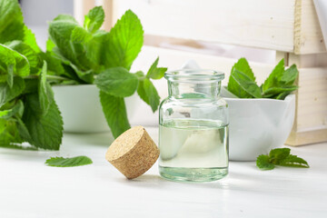 Fresh spearmint leaves and a small bottle with essential mint oil.