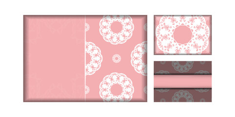 Greeting card template in pink color with Greek white pattern for your design.