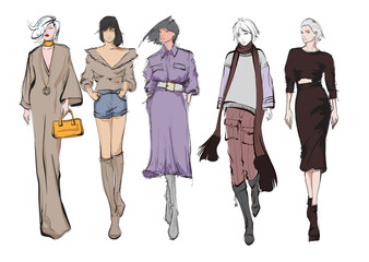 Fototapeta premium Young beautiful woman in stylish clothes. Sale concept. Hand-drawn fashion illustration