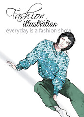 Young beautiful woman in stylish clothes. Sale concept. Hand-drawn fashion illustration