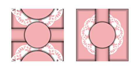 Greeting card template in pink color with Greek white ornaments prepared for printing.