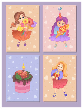 A set of postcards. A girl with a flower, a girl with a gift, a girl with ice cream, cake.Valentine's Day. Cartoon drawing.  Can be used to print books, magazines, stickers,greeting card, magnets, pos