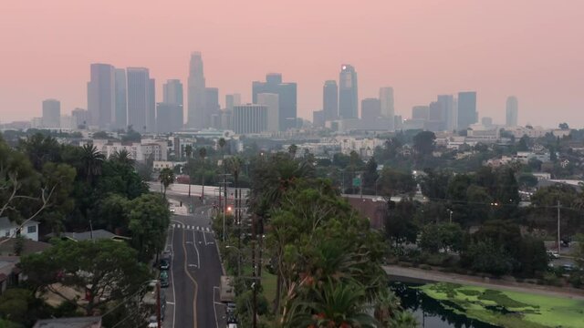 Aerial Hyperlapse of downtown Los Angeles At Sunset, California, USA