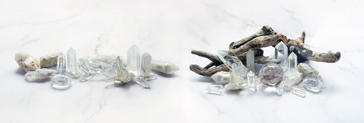 set of clear quartz minerals on marble background. gemstones crystals for esoteric spiritual practice, relaxation, meditation. reiki healing therapy for life balance. banner - obrazy, fototapety, plakaty