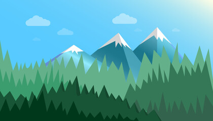 landscape illustration of snowy mountains and forest
