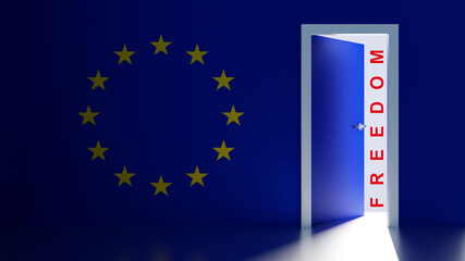 FREEDOM 3d illustration of open door with European flag on the wall, freedom from European Union, light for the future of Countries that leaves Europe, exit from European Union cage, escape