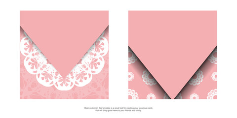 Greeting card template in pink with Greek white ornaments for your brand.