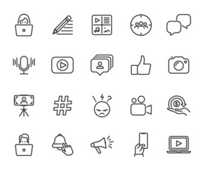 Vector set of blogger line icons. Contains icons blog, podcast, content, target audience, vlog, hate, subscribe, hashtag and more. Pixel perfect. - obrazy, fototapety, plakaty