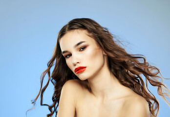 beautiful woman bare shoulders Red lips glamor