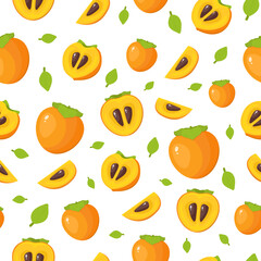 Bright persimmon seamless pattern with half, slice and whole fruit