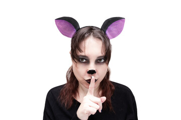 Hyena cosplay girl holding finger to lips, sign of silence, isolated on white background portrait....