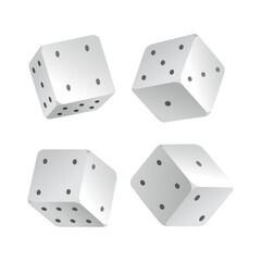 Dice - realistic white cubes with random numbers of black dots or pips and rounded edges. Vector game cubes isolated. Isolated 3d objects for hobbies