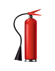 Red fire extinguisher. Isolated portable fire-fighting unit with hose. Firefighter tool for flame fighting attention. Portable fire extinguishing equipment