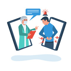 Online doctor. The patient calls the doctor. Online help to the patient. Vector illustration flat design. Isolated on white background. Treatment remotely.
