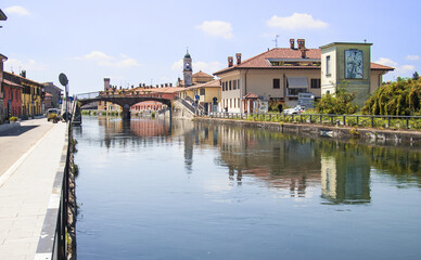 Fototapeta na wymiar Naviglio Grande is a 50 km long navigable canal that flows into Milan, Italy.