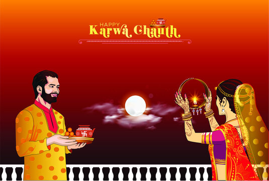 vector illustration of karwa chauth festival concept. Indian married hindu couple women celebrating and doing prayer of moonrise for long life