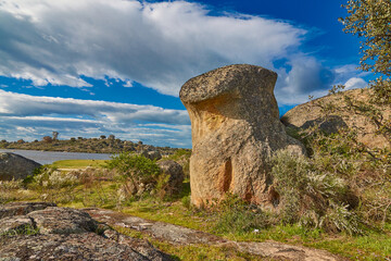 Landscape of huge stones and green meadows