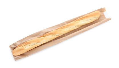 Tasty baguette and package isolated on white, top view. Fresh bread