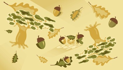 Vector image of an green oak. Illustration of a tree. Autumn illustration with leaves and acorns.