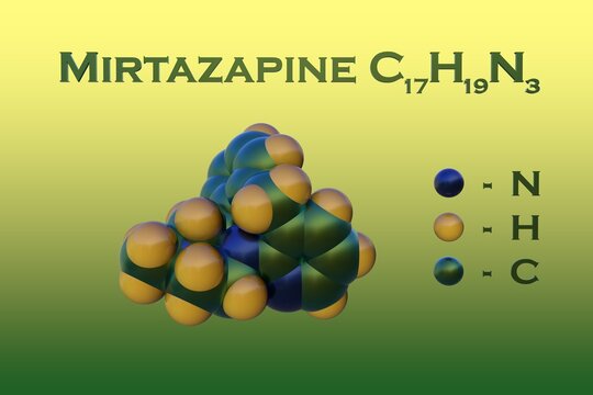 Structural chemical formula and space-filling molecular model of mirtazapine, an antidepressant medicine used to treat depression, compulsive and anxiety disorders. 3d illustration