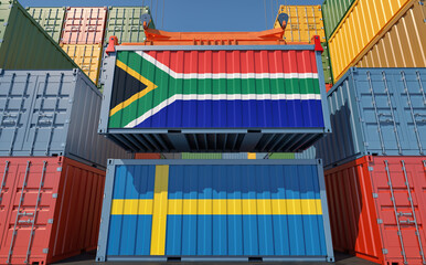 Freight containers with Sweden and South Africa national flags. 3D Rendering 