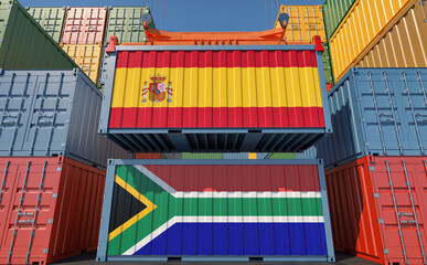 Freight containers with Spain and South Africa national flags. 3D Rendering 