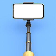 Realistic smartphone with blank white screen and selfie stick isolated on blue