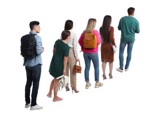 People waiting in queue on white background, back view
