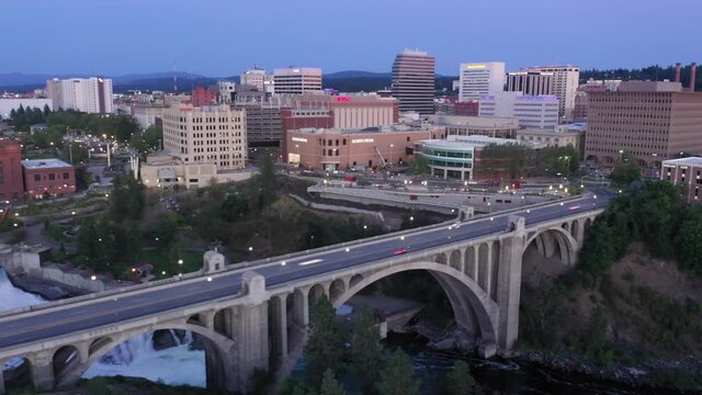 Aerial Hyperlapse Of Spokane And bridge At Rush Hour. Washington, USA