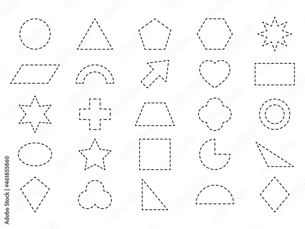 Poster geometric line shapes set. educational linear spotted figures. basic cutting forms. vector isolated 