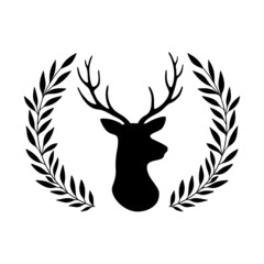 Fototapeta premium Silhouette of deer head and antlers and wreath of leaves. Vector illustration. Isolated on white background.