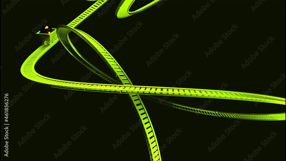 Poster abstract green railroad and a small lonely wagon moving fast in the dark. design. animation with twi